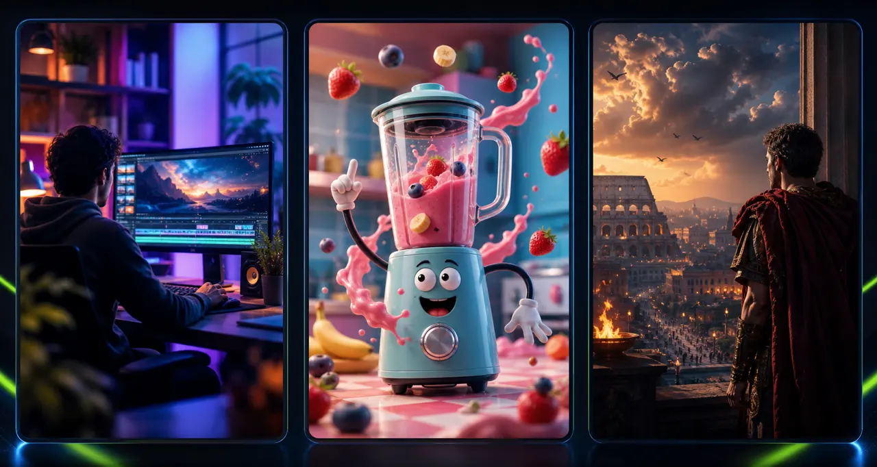 Sample AI-generated video scenes: a creator workspace, a bright product close-up, and a cinematic story scene